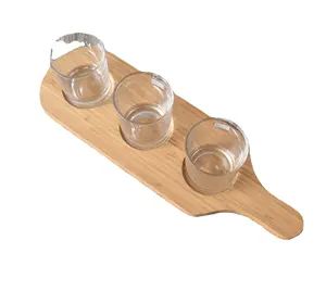 Wholesale 3 Holes Paddle shot Bamboo Wine Glass Holder Beer Cup Serving Tray with Handle