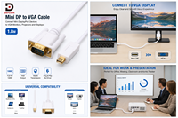 Câble DFX Mini DP vers VGA 1,8 m 1080P, adaptateur mâle-mâle compatible avec MacBook, Surface, ordinateur portable, moniteur, projecteur, téléviseur