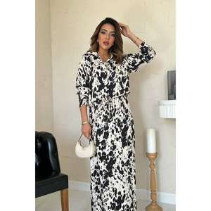 Elegante Conjunto de Traje de Crepé de Viscosa Estampado Beige y Negro para Mujer, Transpirable, Estilo Vestido Maxi de Manga Larga, Tallas Grandes, Atuendo de Moda - Product Image 3