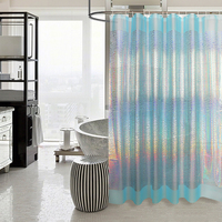 Rideau de douche en PEVA avec motif laser holographique bleu et blanc, imperméable