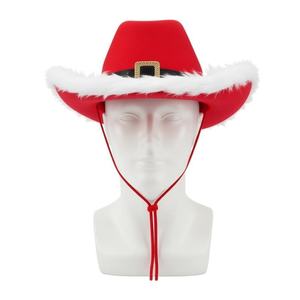 Chapeau de cowboy en velours rouge de style occidental pour Noël, costume de Père Noël avec bordure pour les fêtes et festivals - Product Image 1