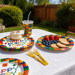 616363 Ensemble de 96 pièces sur le thème des blocs de construction - Kit de vaisselle coloré pour <span class=keywords><strong>anniversaire</strong></span> - Product Image 2