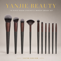 Ensemble de 10 pinceaux de maquillage professionnels vegan en poils synthétiques gris foncé de luxe avec manche en bois pour le visage et les yeux