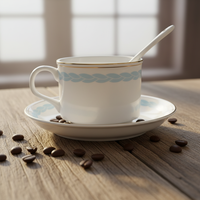 Ensemble tasse à thé et soucoupe en porcelaine fine de style européen, bordure or et rouge, avec cuillère, vente en gros, écologique, cadeau de mariage, logo personnalisé
