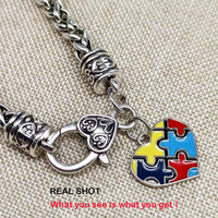 Bracelet de Conscience Autistique avec Pendentif Puzzle Autisme, Plaqué Argent Vieilli, Style Bohème, Améthyste, Chaîne Jonc Cadeau