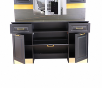 Station de Barbier Moderne de Luxe en Panneaux de Bois avec Coiffeuse Noire et Or Métallisé, Miroir Éclairé Inclus pour Usage Hôtelier