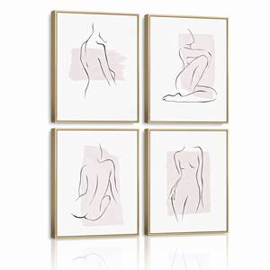 Set di 4 Stampe su Tela con Cornice Dorata, Arte Lineare Femminile, Decorazione Murale Minimalista, Disegno di Figura Femminile in Rosa Pallido - Product Image 1