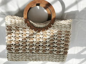 Promotion Gift New Design Ins Fashion Beige Straw Tote Handbag <strong>Beachbag</strong> with Wooden Handle - Product Image 3