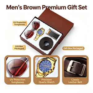 Ensemble cadeau pour <span class=keywords><strong>homme</strong></span> de haute qualité, 3 pièces, montre argentée, ceinture noire, lunettes de soleil aviateur, ensemble de montres de mode pour <span class=keywords><strong>homme</strong></span>, boîte cadeau - Product Image 5
