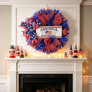 Independence Day Patriotic Wreath Round Mesh <b>Decor</b> America Anniversary Sign Hanging <b>Wall</b> Decoration for 4th of July - Product Image 2