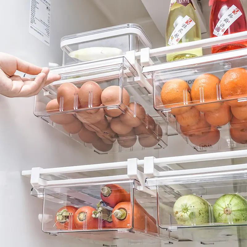 Vente en gros, sans BPA, tiroir de rangement suspendu en plastique, boîte d'organisation, bacs à conteneurs pour fruits, légumes et œufs