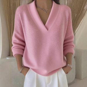 Nouveau pull en tricot à col en V ample de style européen et américain, couleur unie, mode décontractée, pull en tricot pour femmes - Product Image 3