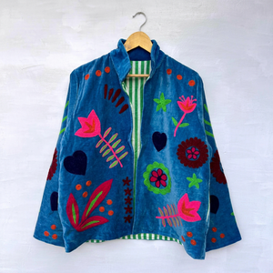 Elegant Blue <b>Velvet</b> Floral Embroidered Suzani <b>Jacket</b> with Floral Pattern Full Sleeve Bohemian Folk Art <b>Women's</b> Winter Outerwear - Product Image 1