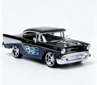 Modelo a Escala 1:24 de Auto Clásico Americano de los Años 50, Hot Rod, Color Negro con Detalles Azules, Modificado, Vintage, Coupé de Techo Rígido