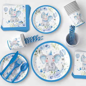 Set di Piatti, Bicchieri e Stoviglie in Carta a Tema Elefante per Festa di Rivelazione del Sesso del Bambino in Stile Blu Carino - Product Image 4