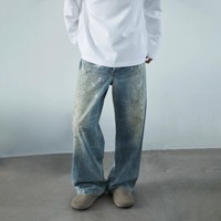 Jeans en denim pour hommes en gros, en tissu de coton, effet éclaboussures de peinture, délavé, vieilli, coupe ample et droite, style streetwear