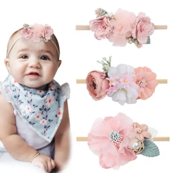 Повязка на голову UNIQ с цветами для маленьких девочек, нейлоновая Цветочная лента для волос для новорожденных, Детская повязка на голову с бантом