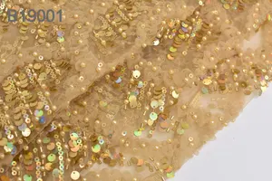 French Gold Chiffon Lace Beaded Fabric Sequins Beads Bridal Embroidery Lace Fabric For Evening Dresses