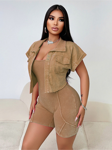 2025 Sommer Frauen Outfit Vintage Beizen Kurzarm Freizeit jacke Turn-Down Kragen Bodycon Jumps uit 2-teiliges Set für Frauen - Product Image 6