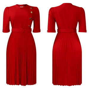 Ultimo Design Abbigliamento Femminile Autunnale, Elegante Vestito Monocolore con Bottoni, Stile Africano Plissettato in Raso, Vita Impero, Colletto <span class=keywords><strong>Peter</strong></span> Pan - Product Image 6