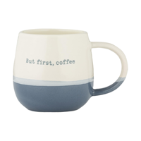 Tasse à café en grès 340 ml avec slogan 'First Coffee', tasse en céramique compatible micro-ondes, bleu et blanc, rentrée scolaire