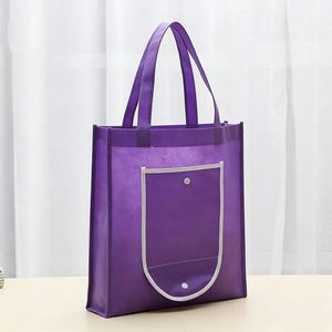 กระเป๋าช้อปปิ้งพับได้สีม่วงราคาประหยัดแบบสั่งทำพิเศษ  กระเป๋าผ้า Non Woven รีไซเคิลได้ มีช่องใส่ของและกระดุม - Product Image 2