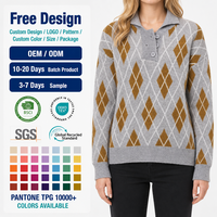 Pull en maille de haute qualité pour femme, col polo, motif losanges gris moutarde, fabrication OEM ODM