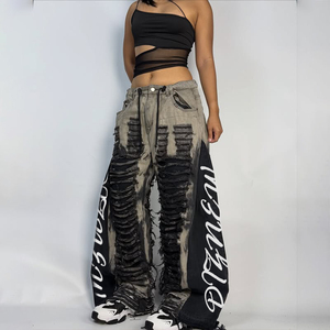 DiZNEW 2025, fabricante de hombres, <span class=keywords><strong>pantalones</strong></span> vaqueros, corte de retazos, pierna ancha, efecto rasgado, ropa de calle, estilo Hip-Hop, MOQ bajo, muestra rápida - Product Image 4