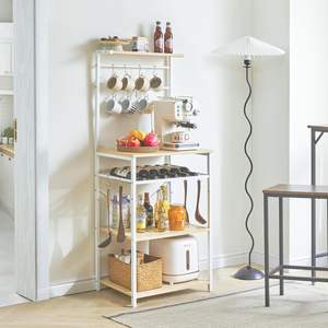 Chariot de cuisine moderne avec support en bois réglable et cadre en métal UHBR001R Étagères de rangement pour four à micro-ondes et crochets en S pour le vin - Product Image 2