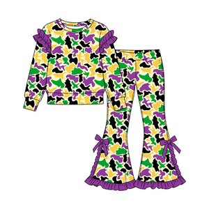 Girls Mardi Gras <b>Cow</b> Camo Outfit Hoodie Flare Pants Kids Carnival Tracksuit <b>Purple</b> Green Yellow - Product Image 5