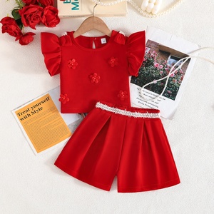 Kids <strong>Girl</strong> Two Piece Clothes Set Floral Flutter Sleeve Crop Top High Waist Wide Leg <strong>Shorts</strong> <strong>Red</strong> Summer Outfit - Product Image 1