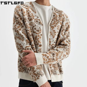Cardigan Jacquard Personnalisé en Cire pour Homme, Motif Floral Crème, Col en V, Boutonné, Streetwear, Pulls pour Homme, Fabricants en Gros - Product Image 1