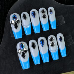 10 pièces de faux ongles en acrylique à couverture complète, peints à la main, en gel, forme longue cercueil/amande, avec colle, ongles de luxe faits main et personnalisés - Product Image 4
