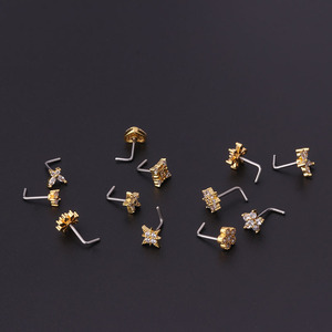 Barra de acero inoxidable quirúrgico en forma de L para mujer, anillos de cobre de circonia cúbica, joyería para Piercing de la nariz, dorado, 316L, nueva - Product Image 4