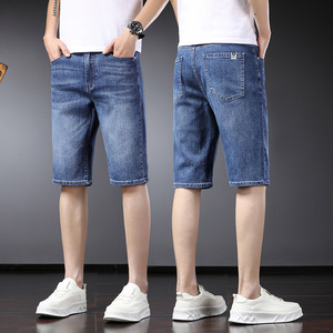 Pantaloncini in denim elasticizzati ricamati a gamba dritta da uomo, estivi 2026, nuovi, popolari, a mezza lunghezza, slim-fit - Product Image 1