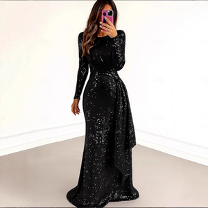 <b>Red</b> <b>Sequined</b> Long Sleeve Evening Gown High Neck Wrap Tie Full Length Formal Dress - Product Image 4