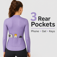 Suministro al por Mayor de Maillots de Ciclismo Ligeros de Manga Larga para Mujer, Color Morado, con Media Cremallera, Personalización con Nombre de Equipo y Logotipo, Servicio OEM