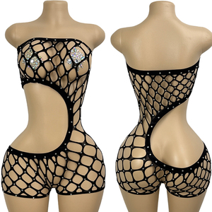 Shiny Big Mesh Tube <b>Top</b> Waist Bag Hip Shorts Pole Dance Ballroom Outfit Stripper <b>Fishnet</b> Exotic Dancewear - Product Image 1