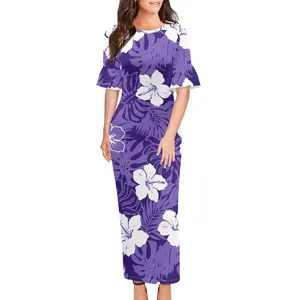 Polynesian Samoan Tribal Puletasi Lotus Leaf Short Sleeve Long Dress Elegant Temperament Women's Skirts Unique Design Clothing