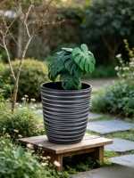 Grand pot en plastique texturé bicolore, pot cylindrique noir, finition sculptée à la main, décoration moderne, pot à fleurs pour plantes d'intérieur