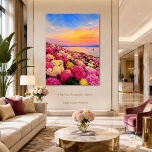 <span class=keywords><strong>Peinture</strong></span> à l'huile de bateau à voile au lever du soleil sur le lac, fleurs roses, côte, montagnes, nuages lumineux, reflets, toile peinte à la main - Product Image 5