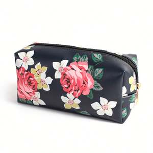 Bolsa de Maquillaje Vintage Negra de PU con Estampado Floral Digital, Diseño en Blanco, Cierre de Cremallera, Accesorios de Viaje en Varios Tamaños - Product Image 2