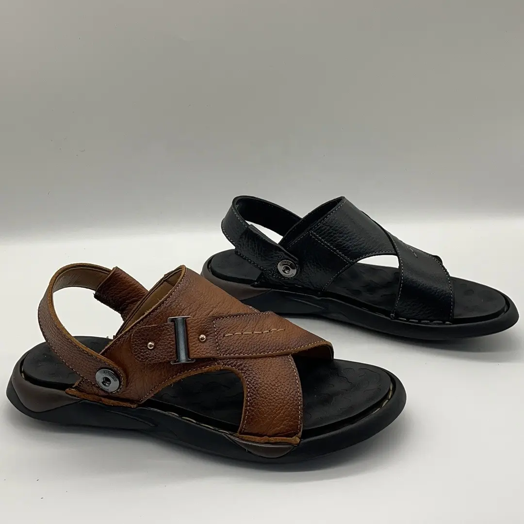 Custom Logo Men's Genuine Leather Sandals Comfortable Outdoor Beach Slipper Sandal Shoes
