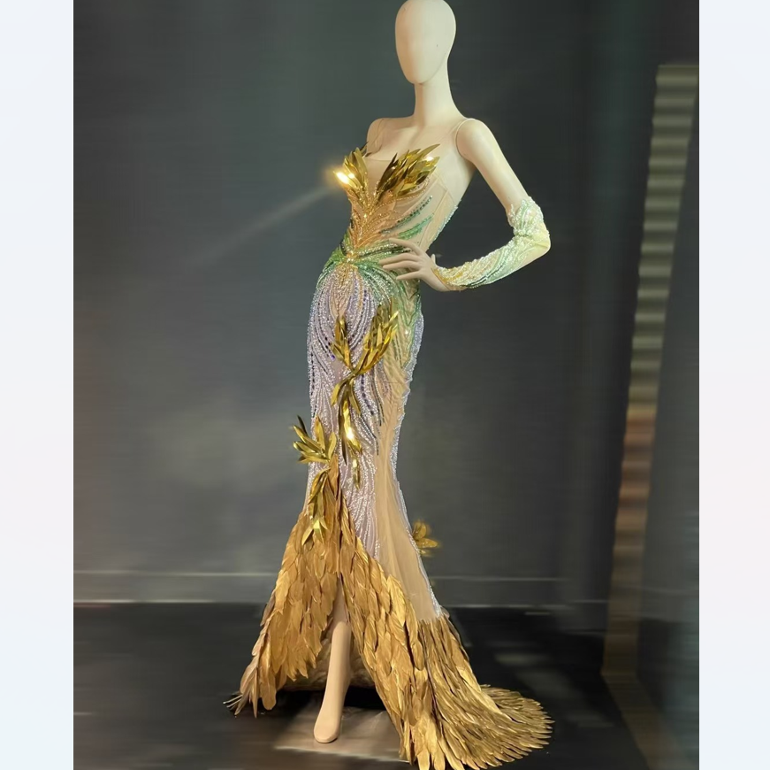 green emerald velvet dress Golden feather beaded dress with winged collar