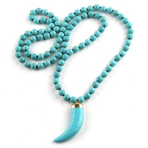 Collar de Moda para Mujer, Estilo Bohemio Tribal, con Piedra Turquesa Redonda Plana, Largo, con Nudo, Colgante de Cuerno de Buey - Product Image 2