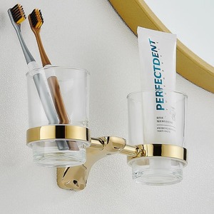 Soporte de vidrio estándar para cepillos de dientes con base dorada, montado en la pared, para almacenamiento de pasta de dientes y cepillos en el baño. - Product Image 2