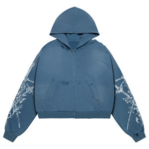 Sudadera con capucha y cremallera de alta calidad, estilo vintage, con estampado de plantas en azul grisáceo, desgastada y con efecto deshilachado, estilo streetwear, para hombre. - Product Image 1