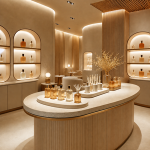 Conception d'intérieur de boutique de parfums de luxe sur mesure, kiosque d'exposition de parfums, comptoir de boutique de parfums couleur crème beige, armoire murale d'exposition - Product Image 2