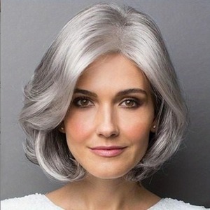 Perruque courte bouclée sans lacet, 100 % cheveux humains véritables, fabriquée à la machine, 8 pouces, en gris foncé, gris clair, gris grand-mère - Product Image 1