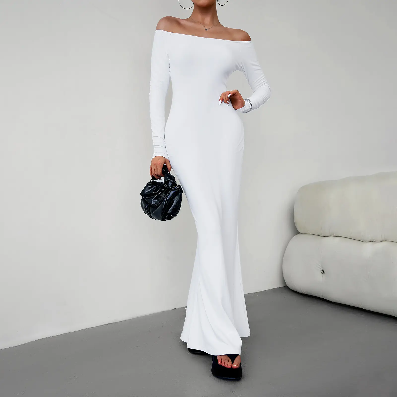 D & M 2023 Herfst Winter Plus Size Dames Kleding Mode Elegante Slim Fit Off Shoulder Lange Mouwen Feestjurk Vrouwen Lange Jurk